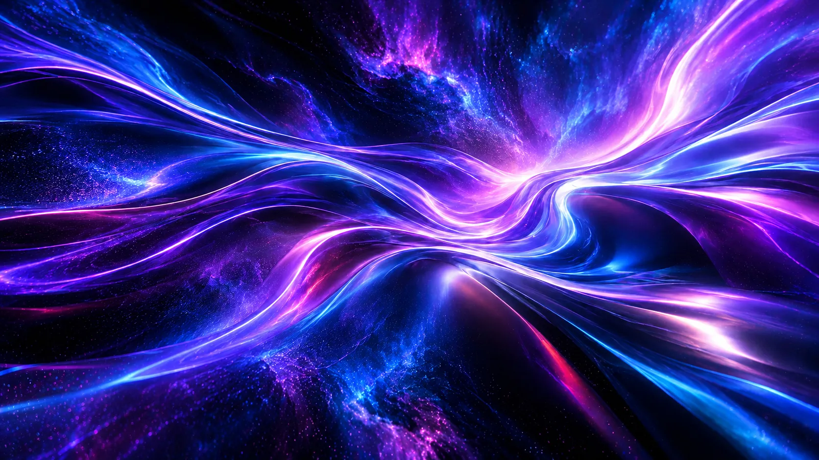 Abstrakte violette und blaue Lichtwellen als Visual für KI SEO und generative Suche
